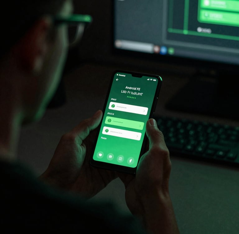 Over-the-shoulder perspective of a developer testing a fluid UI transition on a physical Android device, low-key dark studio lighting, subtle green glow.
