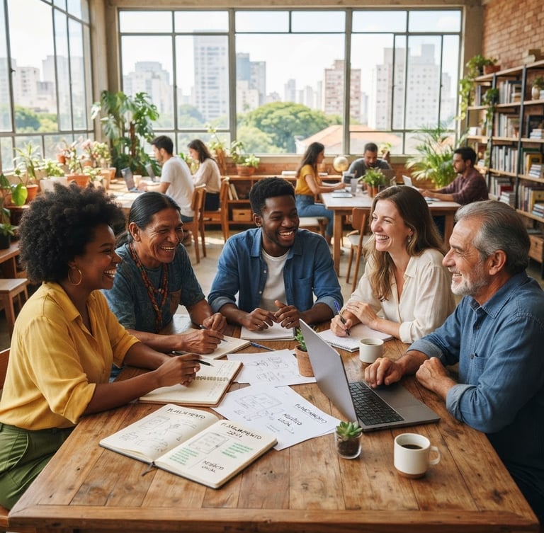 A bright, sunlit community workspace in São Paulo, where diverse local entrepreneurs are collaborating around a wooden table, warm editorial photography, soft natural daylight, clean composition, 35mm lens