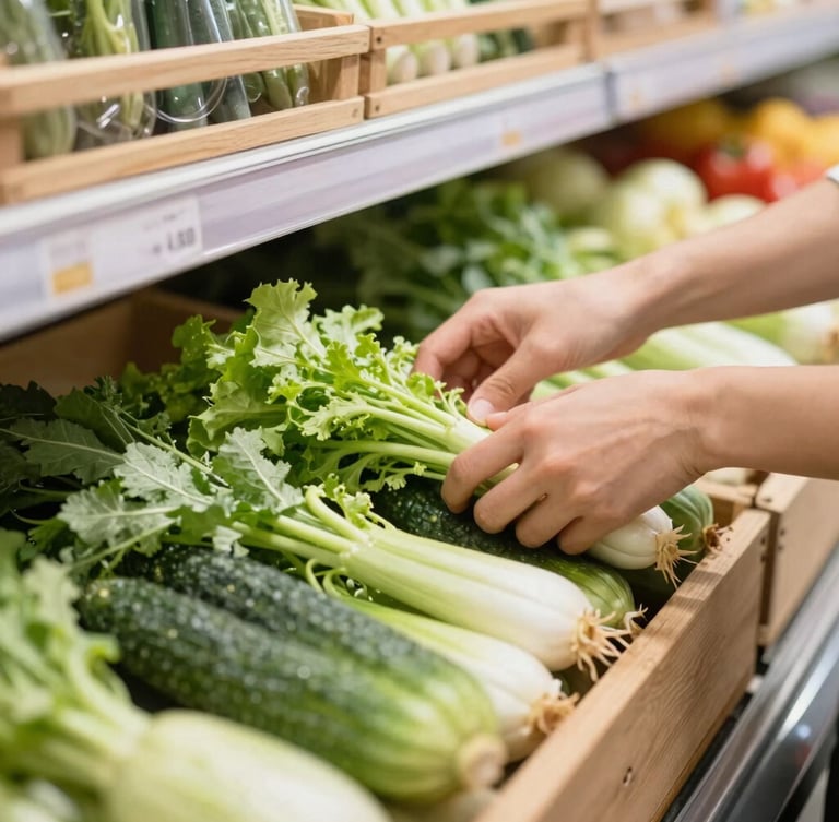 Close-up of hands arranging fresh organic vegetables in a wooden crate inside a bright, clean local grocery store, warm natural daylight