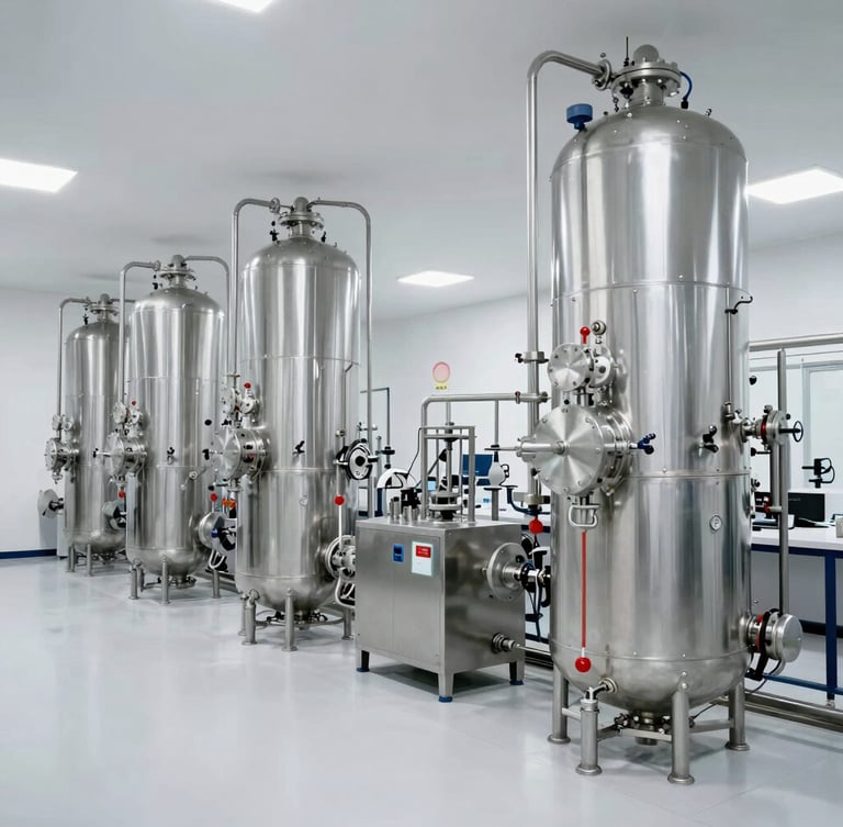 Wide-angle shot of a clean, modern industrial chemical processing plant interior, stainless steel machinery, bright lighting, no people, minimalist composition.