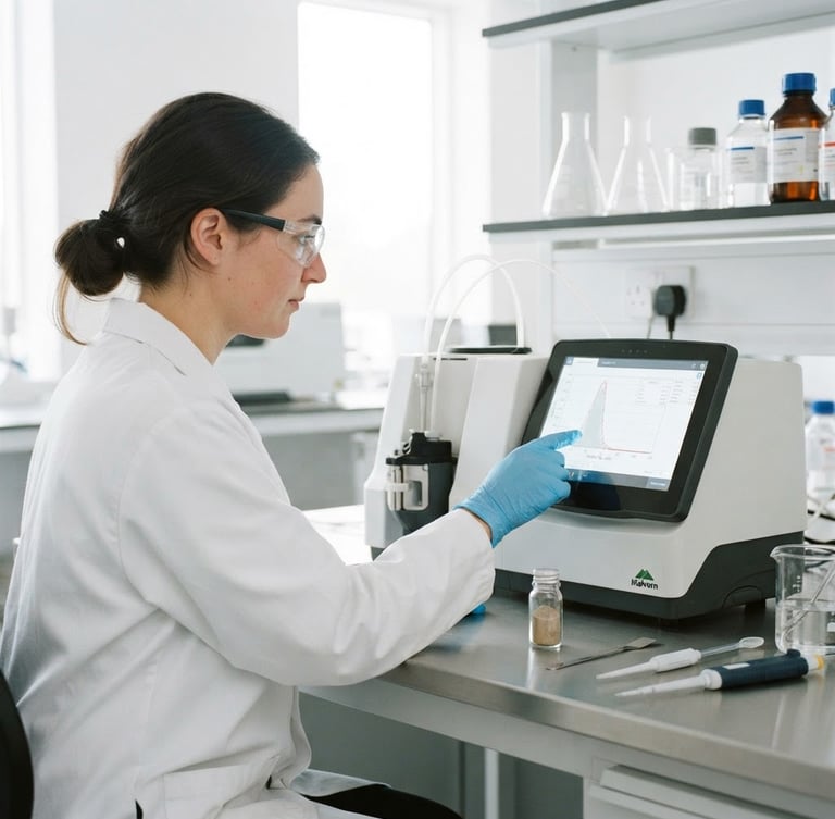 High-key image of a chemical engineer performing particle size analysis in a modern laboratory, focused on a digital display, clean industrial photography, bright studio lighting, sharp focus, 35mm