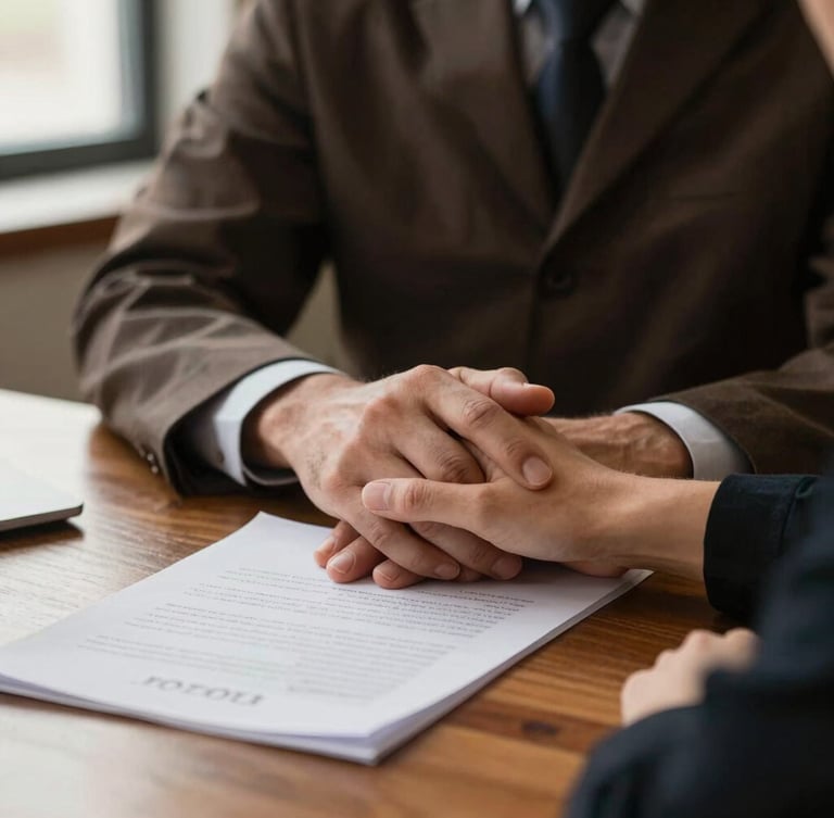 Medium close-up of a lawyer's hands gently holding a client's hand over documents on a wooden desk, warm natural window light, rich muted earth tones, shallow depth of field, 35mm lens, conveying reassurance and empathy.