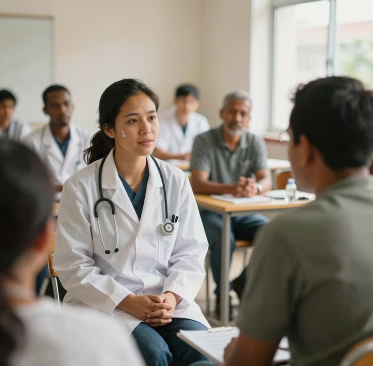 Documentary photography of a community health workshop, soft natural daylight, warm muted tones, a clinician listening intently to a local leader, medium shot