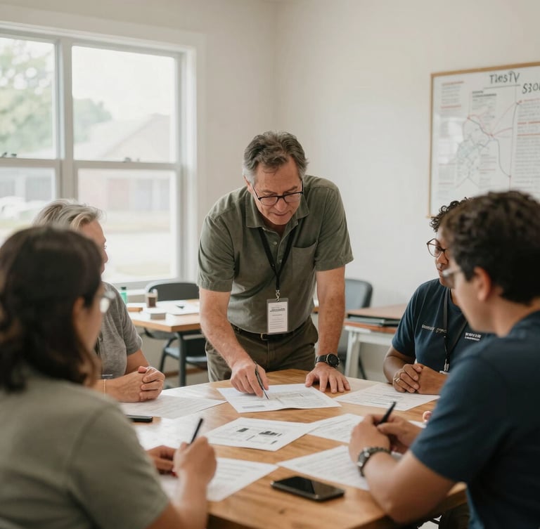 Documentary photography of a local community leader guiding a neighborhood planning workshop around a wooden table, soft natural daylight, warm muted tones.