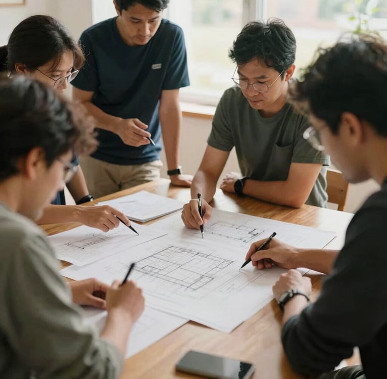 Documentary film photography of a collaborative workshop in soft natural daylight, community leaders gathered around a wooden table analyzing architectural blueprints, warm muted tones, medium format.