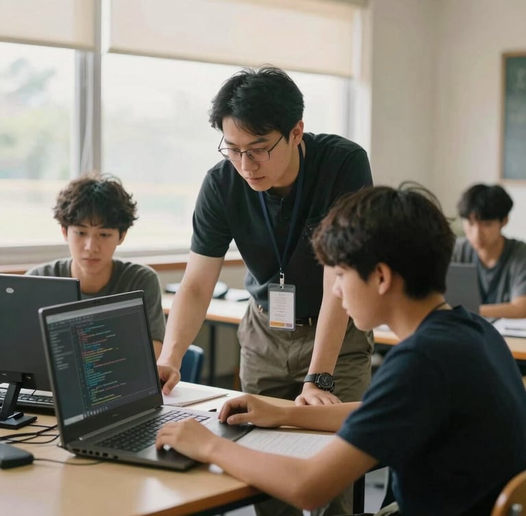 An environmental medium shot of a mentor guiding two students through a coding workshop, soft natural window light, authentic classroom setting, warm film tones.