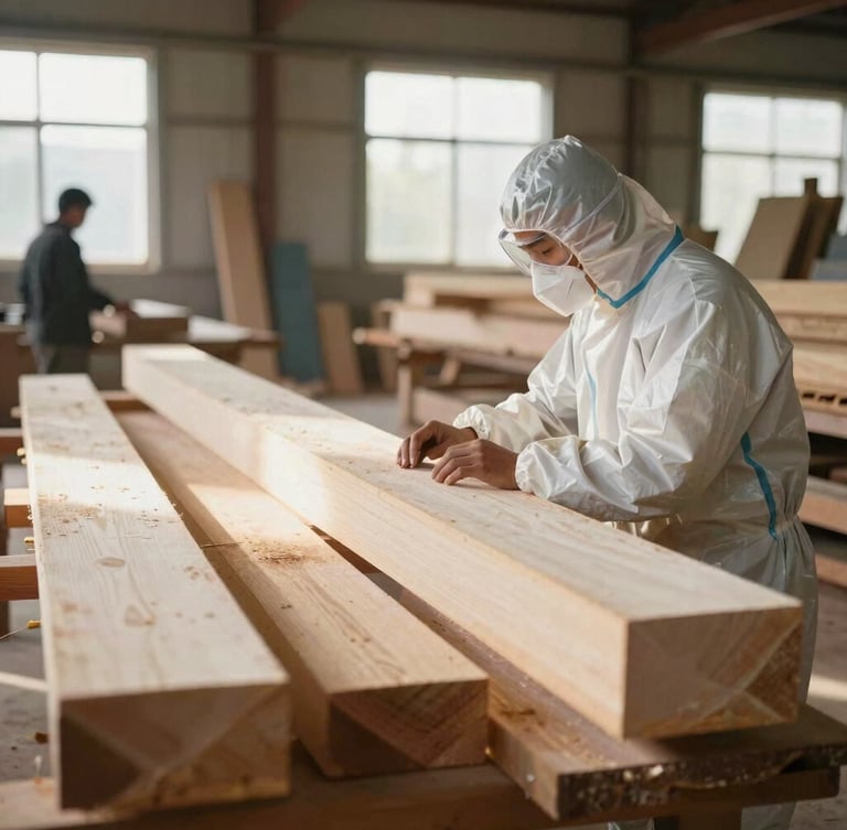 A worker in protective gear carefully inspecting milled timber inside a sunlit cooperative sawmill, candid documentary film photography, warm natural light.