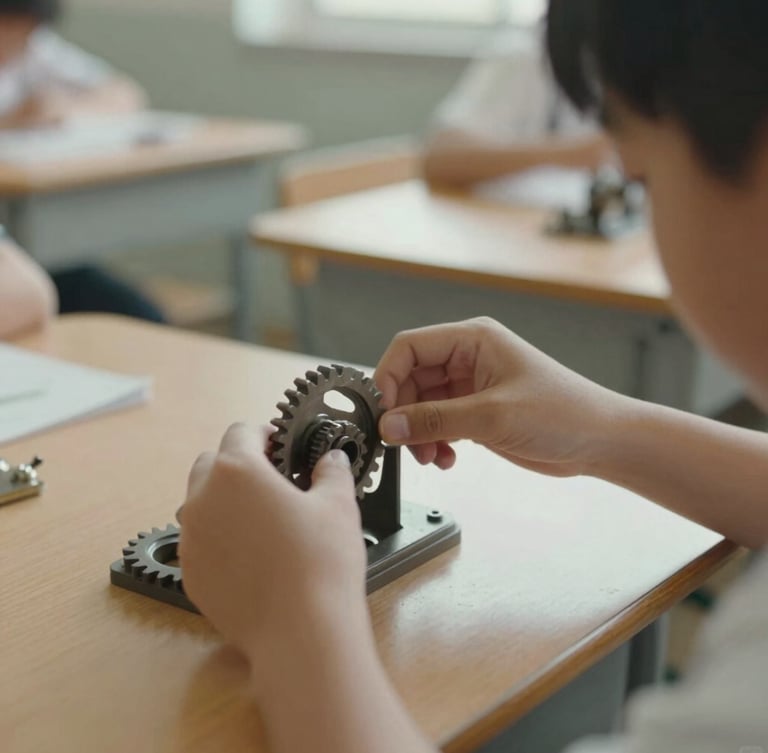 A close-up documentary film photograph of a student's hands carefully adjusting a mechanical gear in a sunlit classroom, warm muted tones, soft natural daylight.