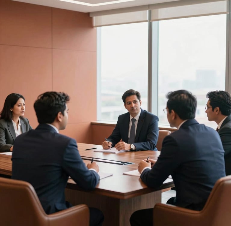 A modern Delhi corporate boardroom with bright natural window light, warm terracotta undertones, focused professionals in discussion, shallow depth of field, 35mm