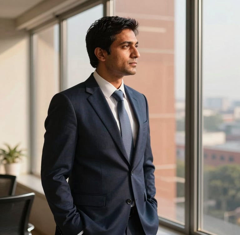 Focused professional executive looking out of a high-rise office window in Delhi, warm morning light, soft reflection, professional editorial photography