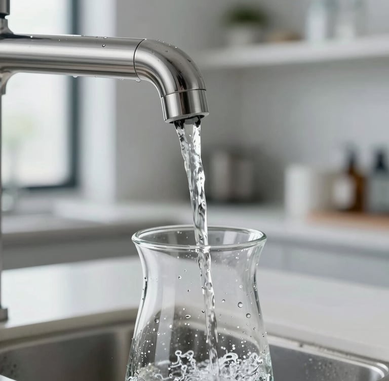 Macro shot of cold water pouring from a sleek stainless steel tap into a glass carafe, daylight reflections, crisp and clean office kitchen background.