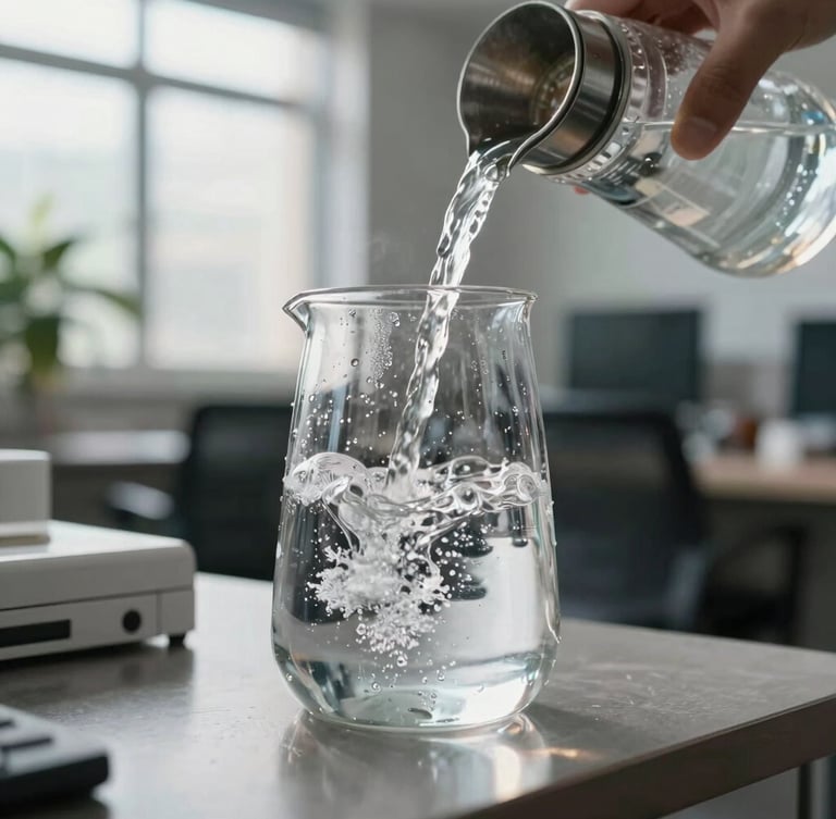 Close-up of condensation on a glass carafe being filled with cold, purified water in a bright, sunlit office breakroom, clean steel fixtures, natural daylight.