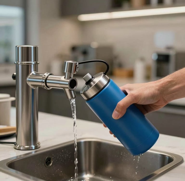 Dettaglio ravvicinato di un erogatore d'acqua in acciaio inossidabile, una mano riempie una borraccia metallica blu, sfondo sfocato di una cucina aziendale moderna.
