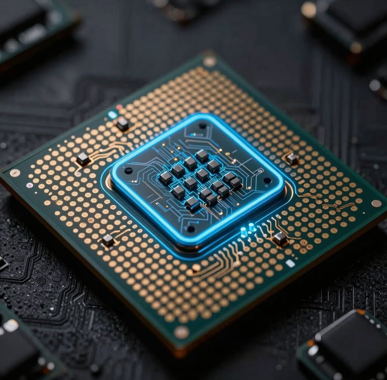 Close-up macro shot of a mobile processor die glowing with faint blue light, clean technical wireframe overlay, high-contrast tech-noir style