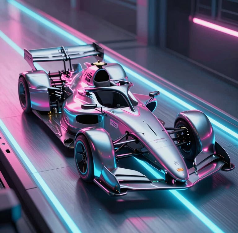A close-up vertical render of a sleek metallic racing craft hovering over a glowing cybernetic track, intense pink and cyan underglow, sharp reflections