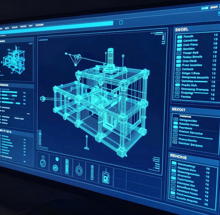 High-contrast wireframe development render of a complex game UI, neon cyan lines over a deep blue background, technical schematic style.