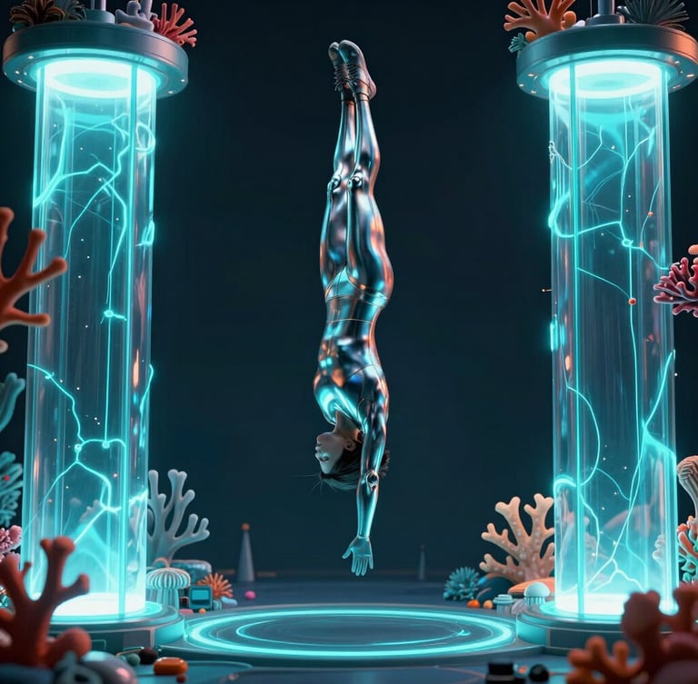 High-definition portrait gameplay render of a sleek metallic runner silhouette suspended upside down amidst glowing neon coral platform edges and electric cyan gravity fields