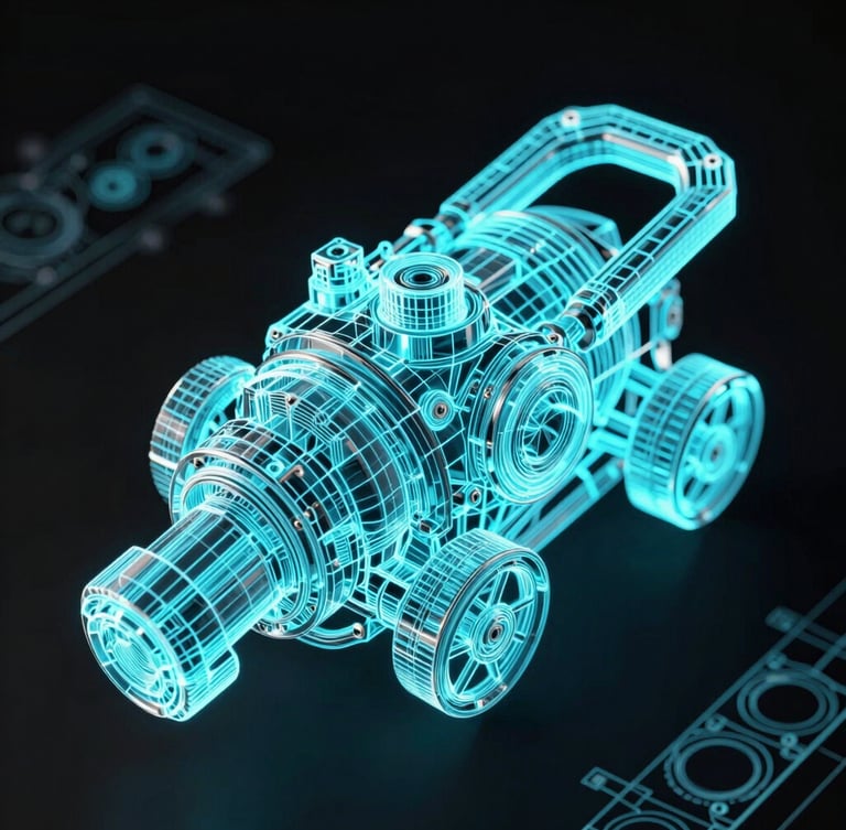 Close-up wireframe development render of a mechanical game asset, glowing electric cyan lines on a pitch black background, high-contrast technical blueprint style.