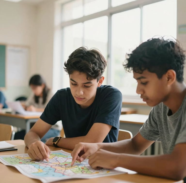 Candid editorial photo of two students of different backgrounds collaborating over a map in a sunlit classroom, warm natural light, shallow depth of field, 35mm style.