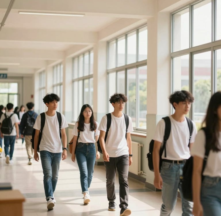 Candid shot of students walking through a bright, modern school corridor with large windows, natural daylight, warm tones, shallow depth of field.