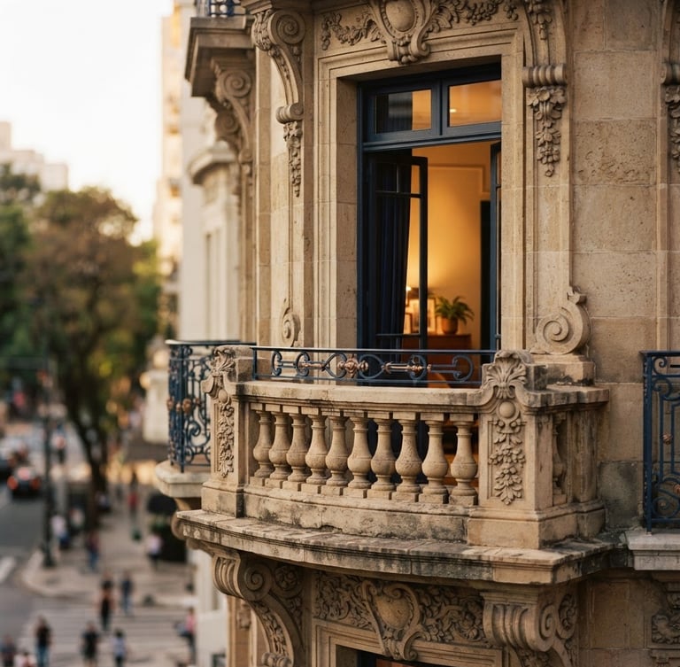 Architectural detail of a classic stone building facade in São Paulo, warm soft afternoon sunlight, elegant shadows, shallow depth of field, 35mm photography