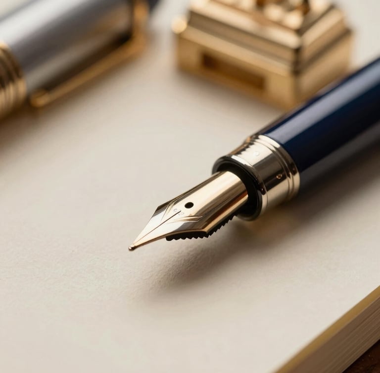 Macro close-up of a luxury fountain pen tip resting on heavy textured cream paper, soft warm interior lighting, elegant desk atmosphere, shallow depth of field