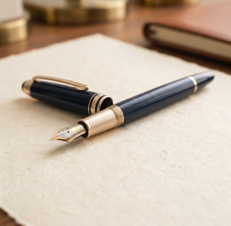Macro detail of an elegant fountain pen resting on high-quality textured paper, soft warm interior light, shallow depth of field, deep navy and champagne tones