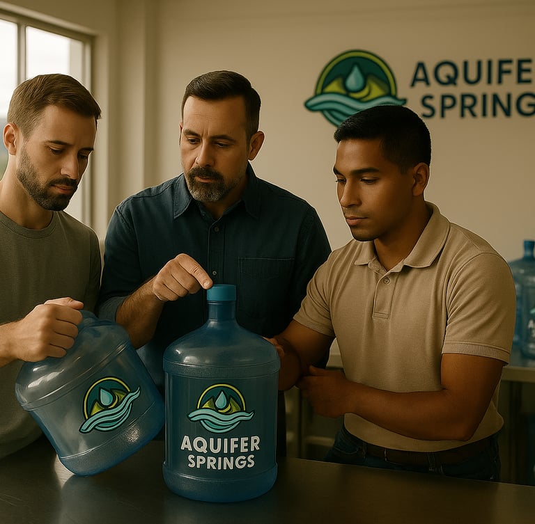 Three workers inspecting Aquifer Springs water jugs inside a clean, well-lit bottling facility