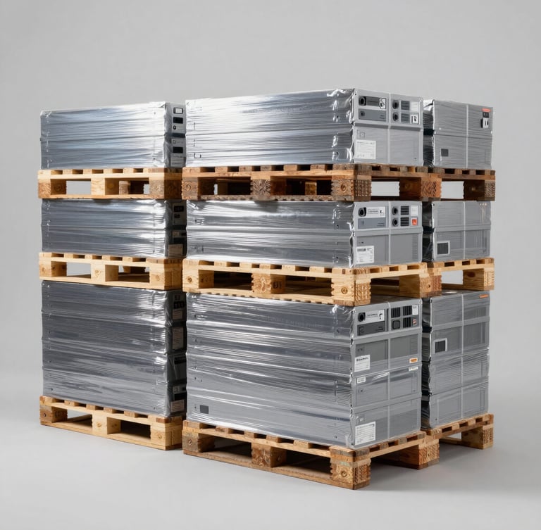 Crisp product photography of a modern high-tech logistics warehouse, neatly stacked pallets of electronics under bright clean studio lighting, neutral grey background, 50mm lens