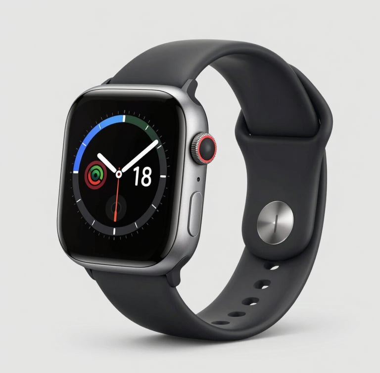 Crisp smartwatch display showing health sensors, bright studio lighting, neutral grey background, sharp focus, high-tech details, 50mm lens, portrait aspect