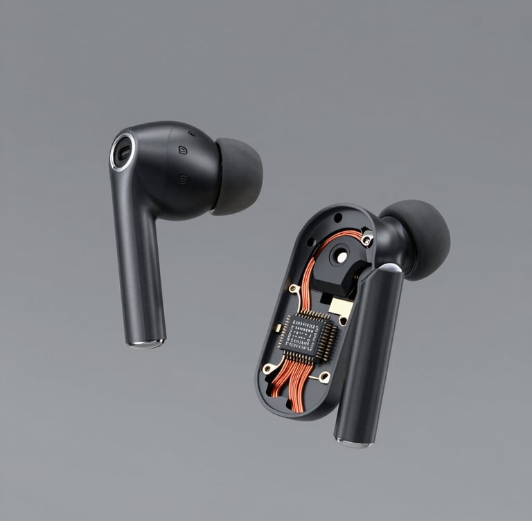 Crisp product photography of premium wireless earbuds split open to reveal high-precision internal chipsets and copper wiring, clean studio lighting, neutral grey background, sharp focus, 50mm lens