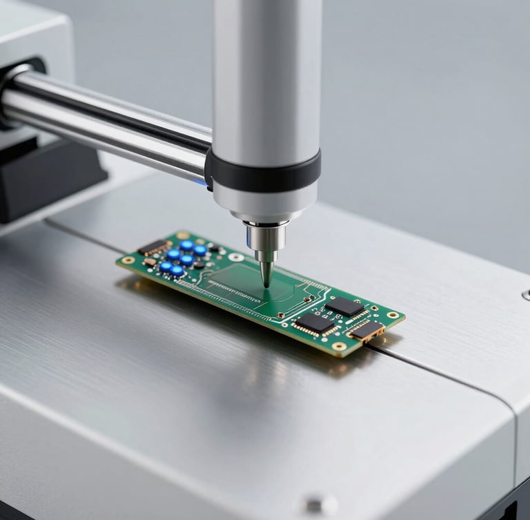 Crisp close-up photography of a precision digital testing machine analyzing an SSD circuit board, sharp focus on blue indicator lights, clean metallic laboratory background, 50mm lens.