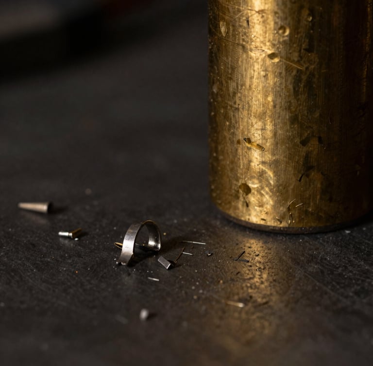 Macro detail of metal shavings on a dark workbench next to a heavy, raw brass cylinder, dramatic low-key side-lighting.