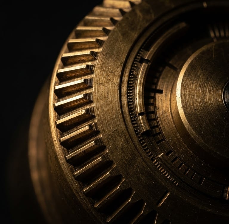 Extreme macro crop of a solid brass mechanical dial with milled teeth, side-lit with deep shadows and warm metallic highlights, 100mm lens.