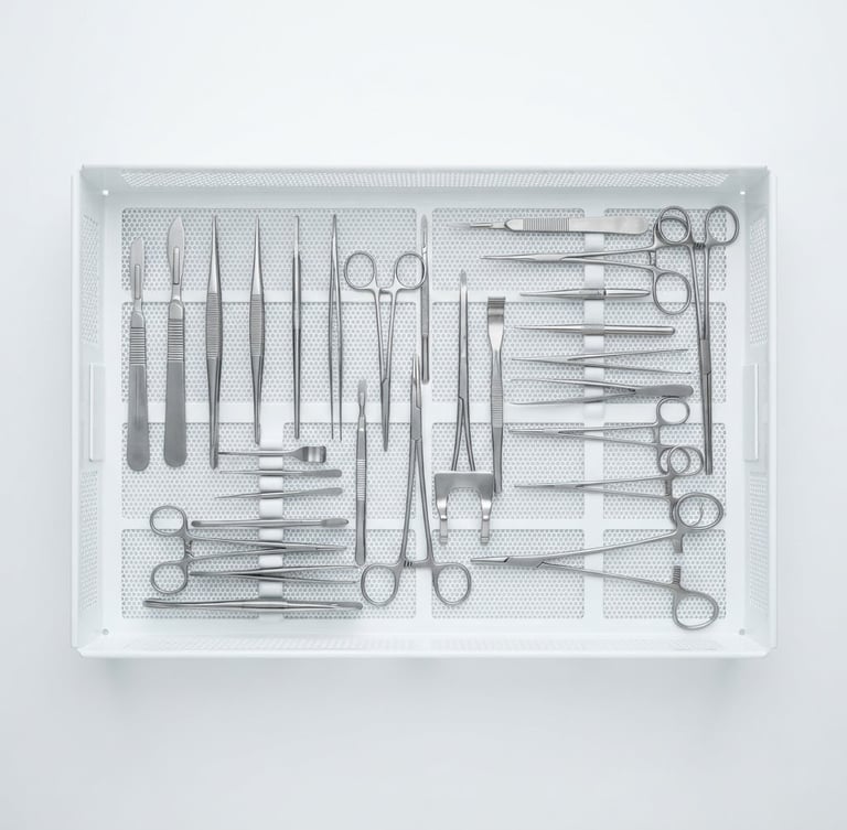 Bright high-key product photography of sterile surgical instruments arranged neatly on a white medical tray, crisp studio lighting, clinical precision, sharp focus, 85mm