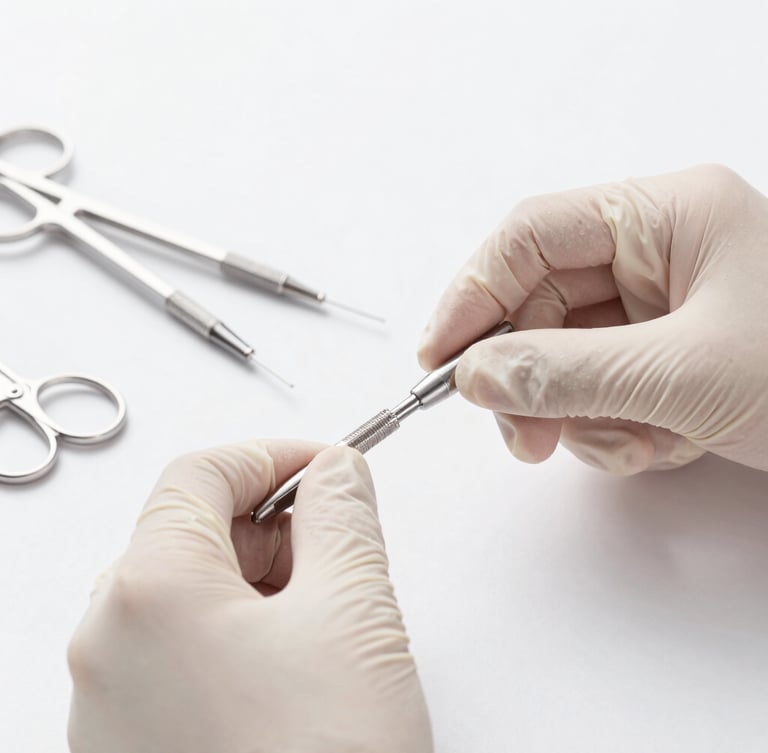 Close-up of sterile gloved hands organizing medical instruments on a clean white surface, bright high-key studio lighting, soft shadows, clinical precision, sharp focus, 85mm, portrait aspect.
