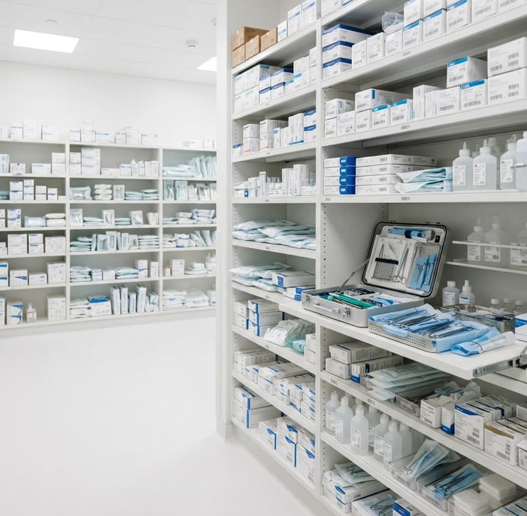 Medical storage room with neatly organized shelves, sterile boxes, and equipment, bright high-key studio lighting, soft shadows, clinical precision, sharp focus, 85mm, subject to the right third.