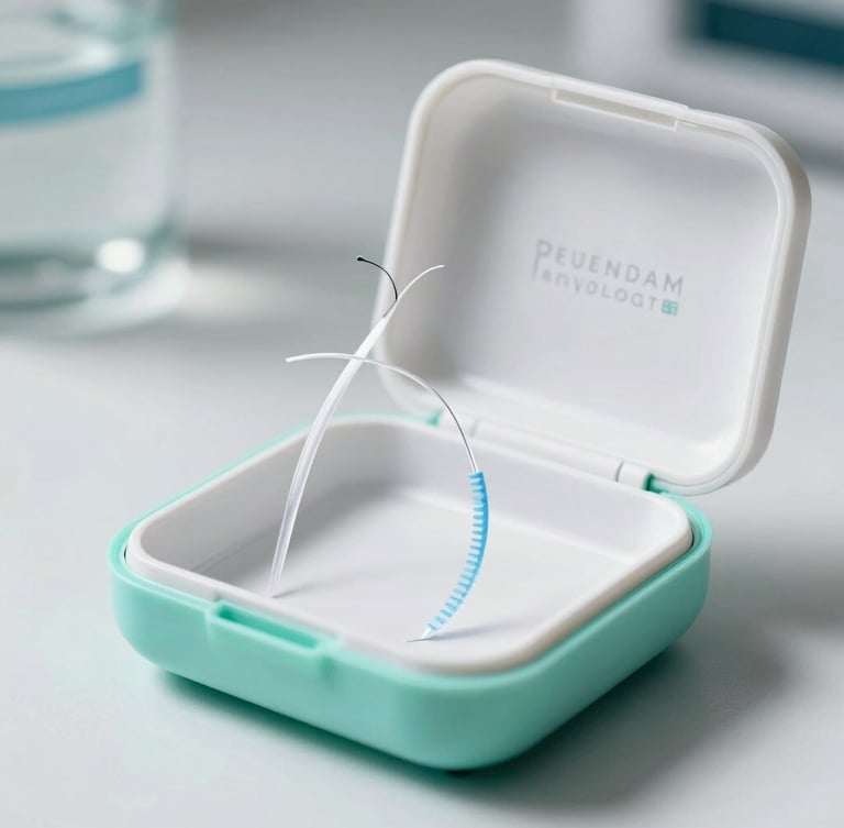 Macro studio photograph of premium dental floss packaging, clean white and mint-teal casing, bright clinical lighting with soft shadows.