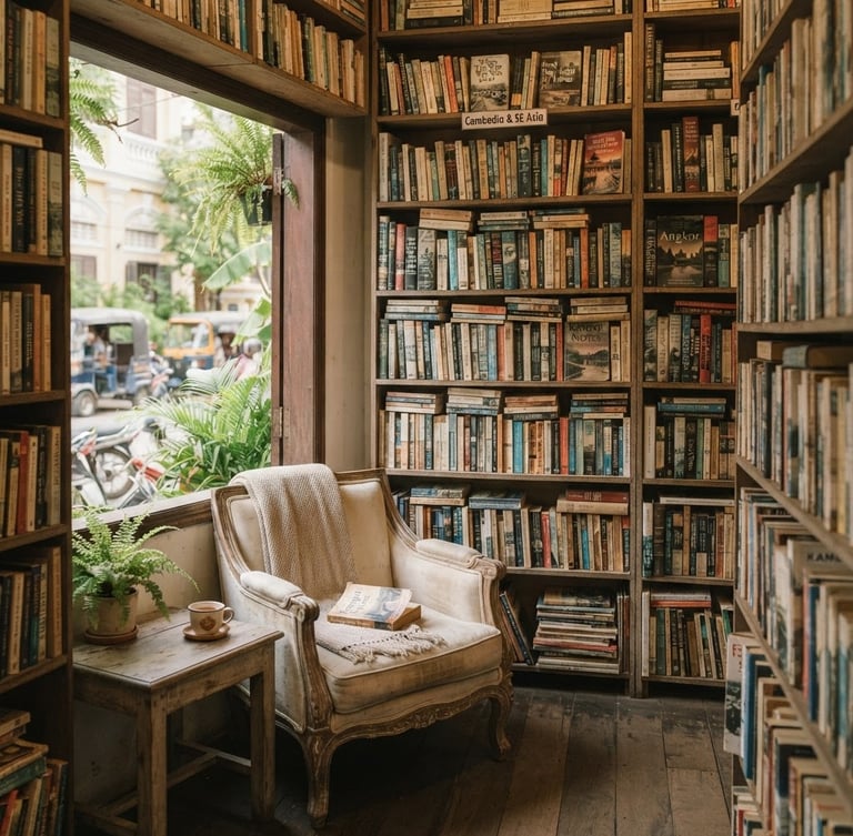 Warm editorial photography of a cozy bookstore corner in Phnom Penh, wooden shelves filled with used books, soft morning window light filtering through, 35mm