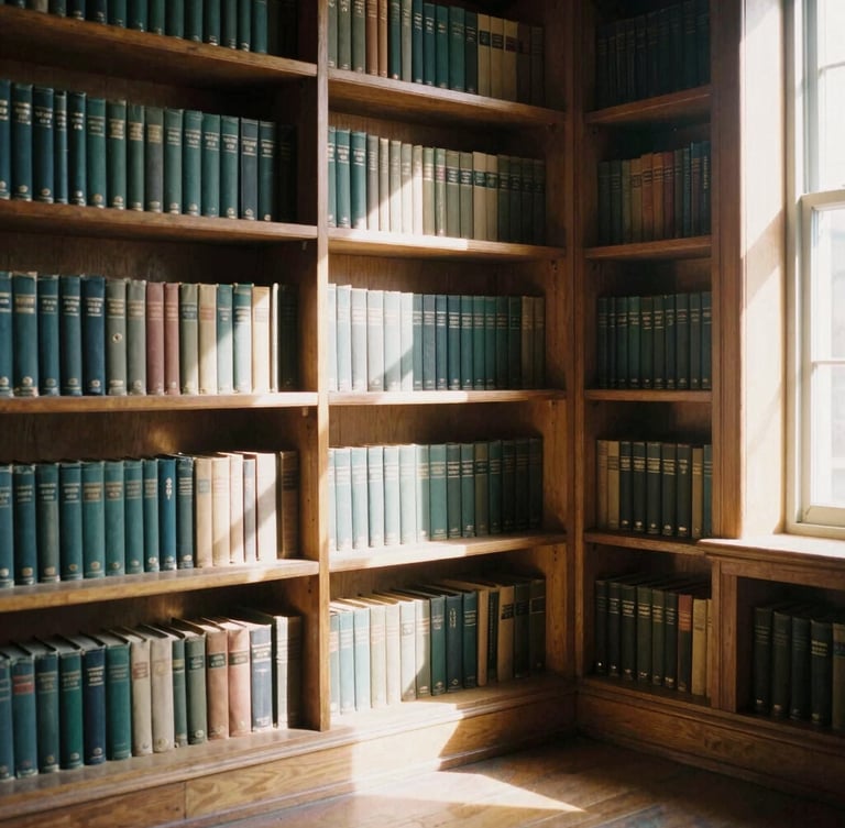 Warm editorial shot of floor-to-ceiling wooden bookshelves filled with vintage books in a sunlit colonial nook, soft shadows, 35mm