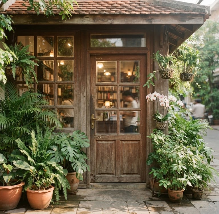 A warm editorial photo of the wooden entrance of Treasures Bookstore in Phnom Penh, soft morning window light filtering through glass panes, lush green plants framing the doorway, 35mm