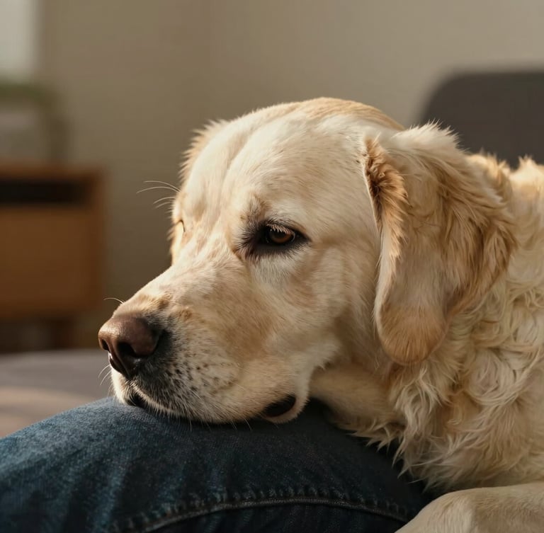Eye-level profile of a warm cream retriever resting its head gently on a person's lap, soft diffused golden hour light, minimal home background.