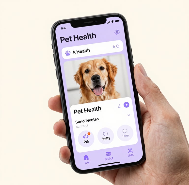 High-fidelity iOS mobile app mockup displaying a beautiful pet health dashboard, clean typography, soft lavender accents, held in hand against a soft cream background.