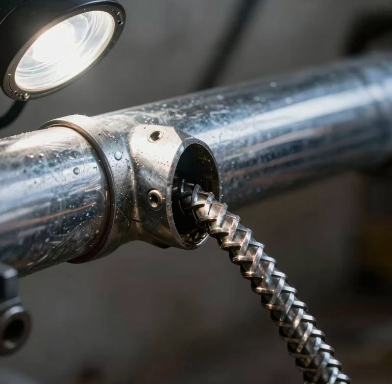 Tight macro shot of a heavy-duty steel drain snake entering a clean chrome pipe under sharp utility work-light illumination.