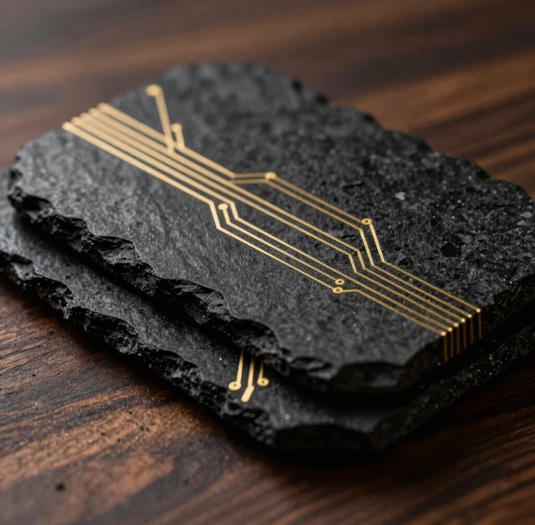 Macro editorial photograph of dark textured obsidian stone layered with ultra-thin gold circuit lines, warm walnut wood grain background, dramatic low-key lighting