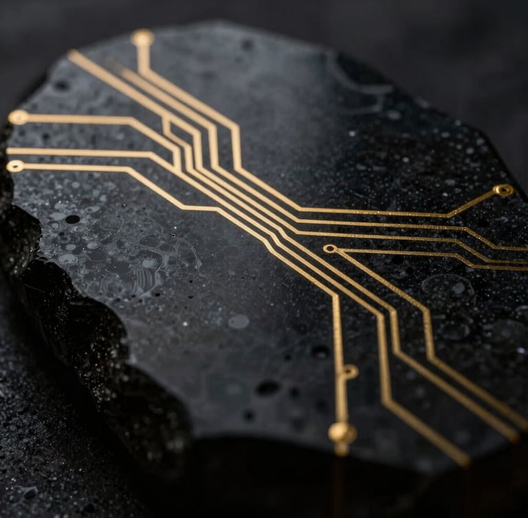 Macro photograph of dark polished obsidian stone with thin golden circuit lines running across the reflective surface, dramatic low-key lighting