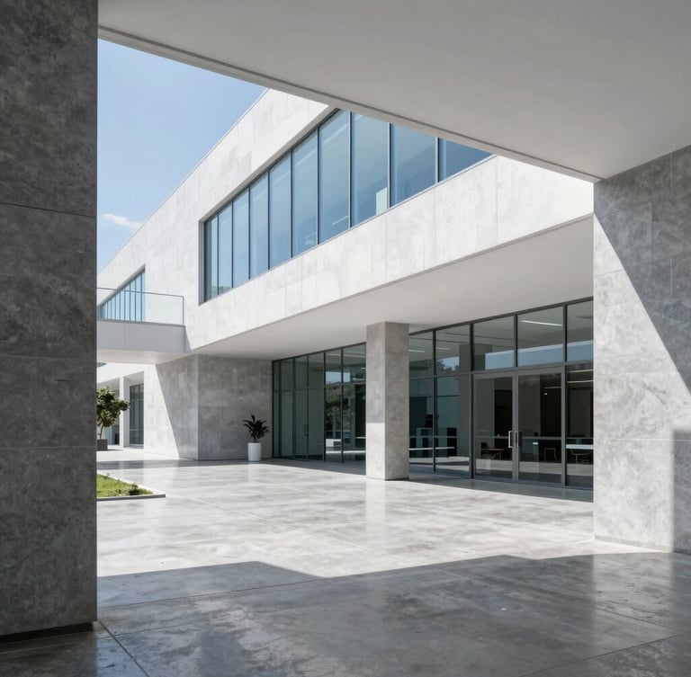 Bright modern corporate office lobby in Córdoba, clean architectural lines, polished concrete floors reflecting daylight, minimalist slate gray and blue tones, architectural framing.