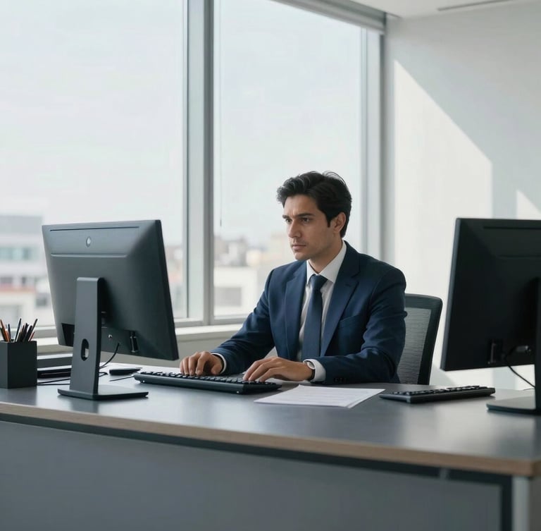 Desk of a professional accountant in Córdoba, clean corporate setup, sharp focus, cool slate and navy tones, natural window light, architectural lines