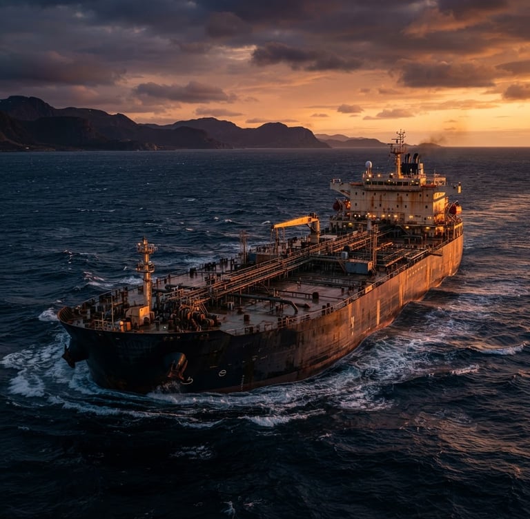 Dramatic industrial photography of a maritime shipping tanker at sea during twilight golden hour, deep navy and warm amber tones, cinematic wide-angle