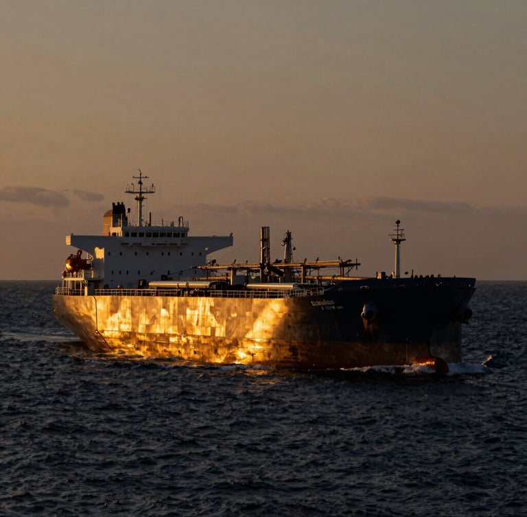 Dramatic environmental shot of a massive crude oil tanker ship navigating open ocean at twilight, low sun casting deep golden highlights on warm metallic hull, cinematic wide-angle.